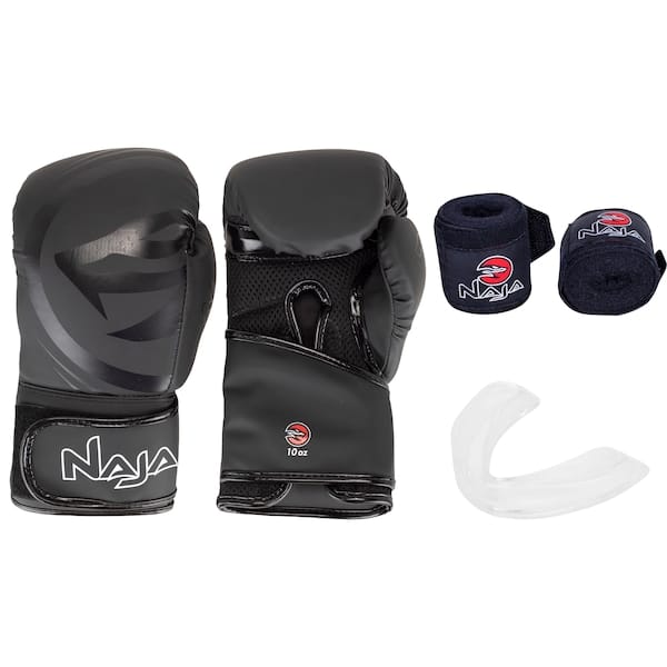 Kit de Boxe Naja: Bandagem + Protetor Bucal + Luvas de Boxe Black - 10 OZ - Adulto