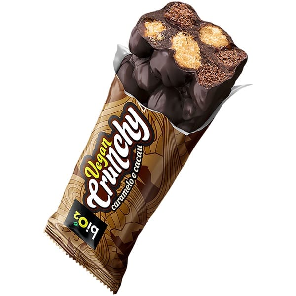 Vista 2 Barra de Proteína Bio2 Vegan Crunchy Caramelo e Cacau 28g com Cobertura de Chocolate Meio Amargo Bio2 NAO SE APLICA