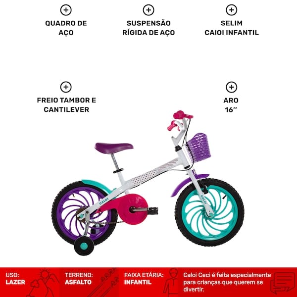Vista 2 Bicicleta Infantil Aro 16 Caloi Ceci - Freios Cantilever e Tambor Caloi BRANCO