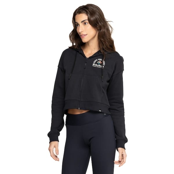 Vista principal Jaqueta de Moletom Cropped Feminina Under Armour com Capuz Project Rock HW Terry Under Armour PRETO