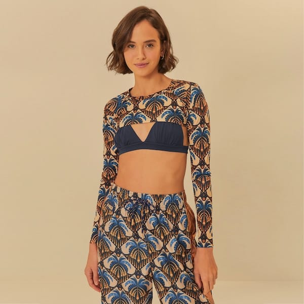 Vista principal Blusa Cropped Feminina Farm Manga Longa Coqueirou FARM AZUL