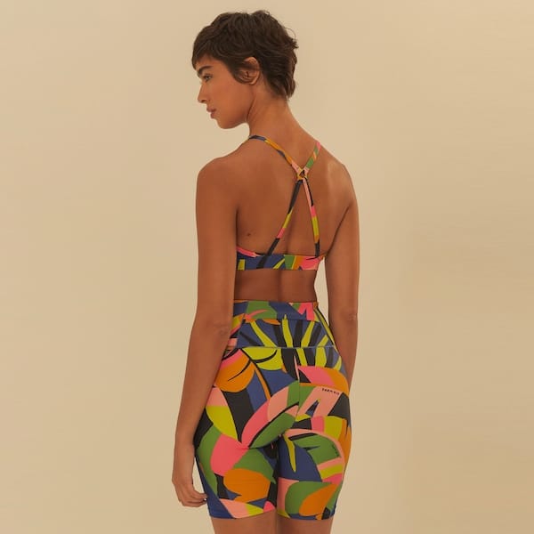 Vista 2 Bermuda Feminina Farm Biker Floresta Leopardo Cós Médio Média Compressão FARM Verde/Azul