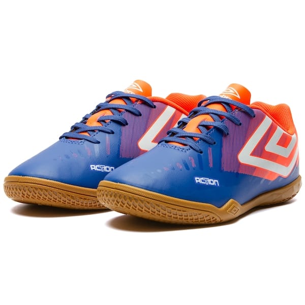 Vista 2 Chuteira Futsal Júnior Umbro Action Umbro AZUL/LARANJA