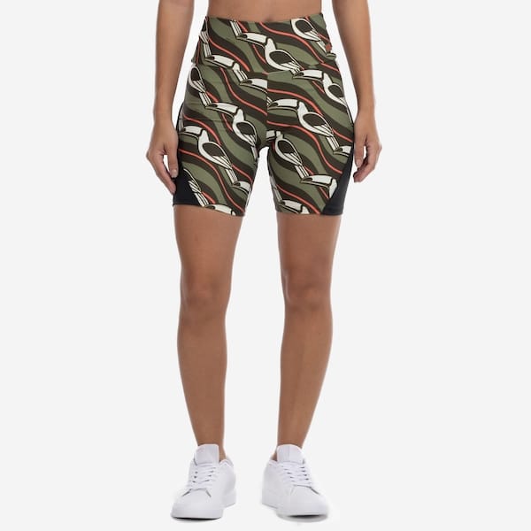 Vista 2 Bermuda Biker Farm Tucano Gráfico Cós Médio Média Compressão Feminina FARM VERDE ESC/LARANJA