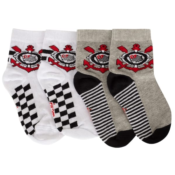 Vista principal Kit de Meias do Corinthians Rikam Soquete Tamanho 21 ao 24 Rikam BRANCO/CINZA CLARO