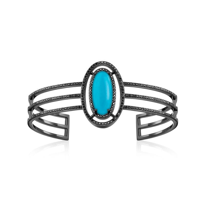 Pulseira Rígida com Turquesa e Espinélio em Prata 925 com Banho de Ródio Negro - 18 cm