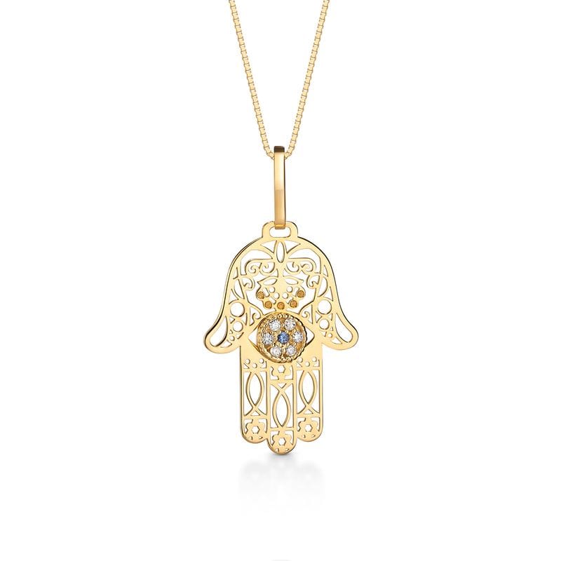 Pingente Hamsa com 3 Pontos de Diamantes e Safira Azul em Ouro Amarelo 18k