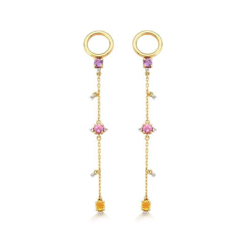 Brinco em Ouro Amarelo com Ametista, Citrino, Topázio Incolor, Turmalina Rosa