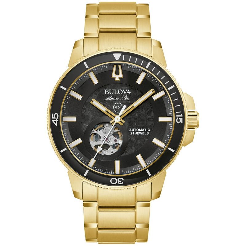 Relógio Bulova Marine Star Automático Skelethon 97A174N em Aço Dourado