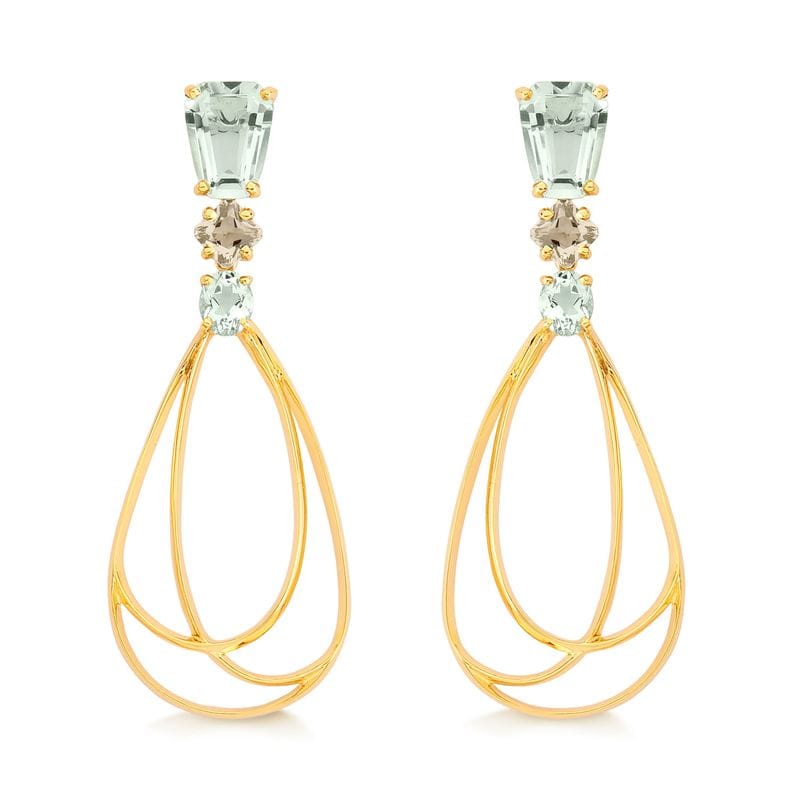 Brinco Gota com Prasiolita e quartzo murion, em Ouro Amarelo 18k