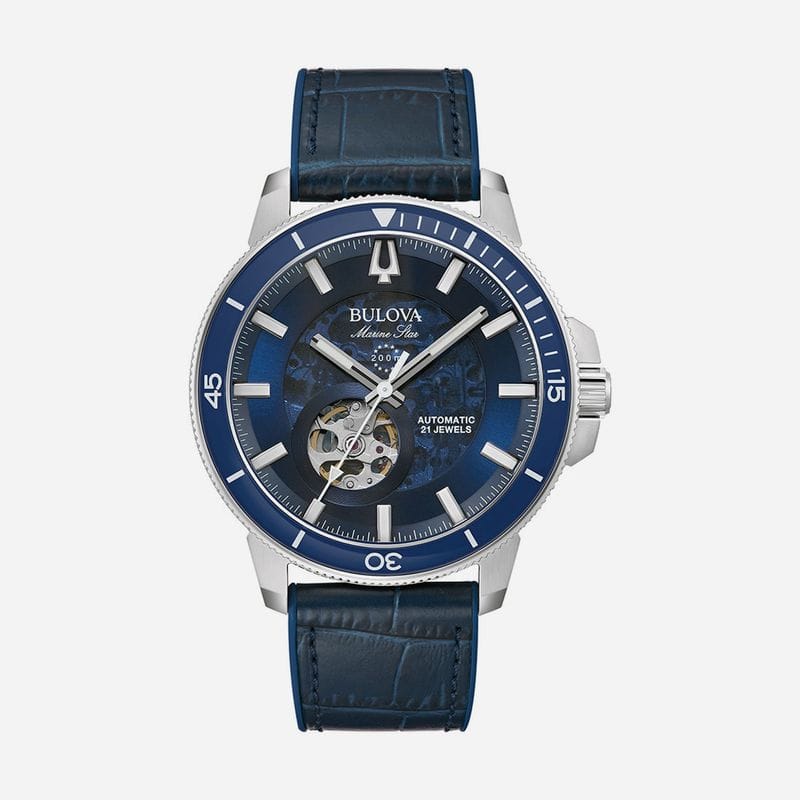 Relógio Bulova Marine Star Automático Skelethon 96A291 em Silicone Azul