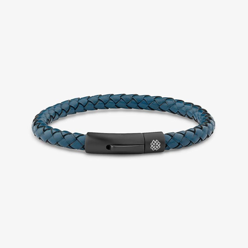 Pulseira Masculina de Couro Azul em Aço Preto - 20 cm