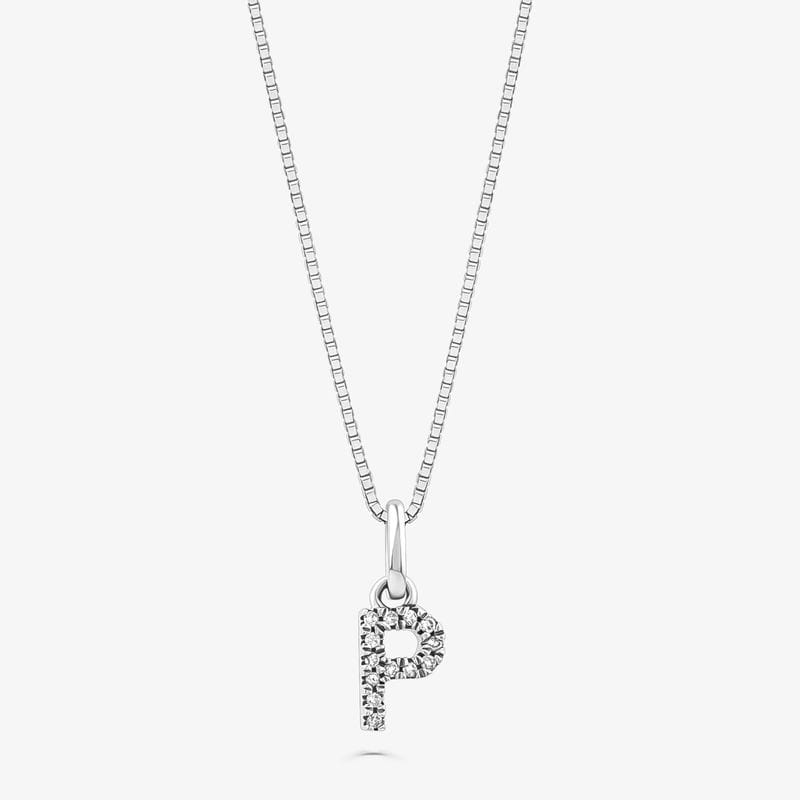 Pingente Letra P com Diamante em Ouro Branco 18k