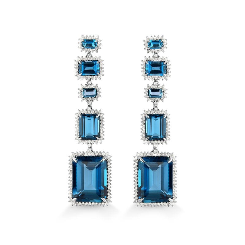 Vista principal Brinco Longo com Topázio London e Diamantes em Ouro Branco 18k Monte Carlo