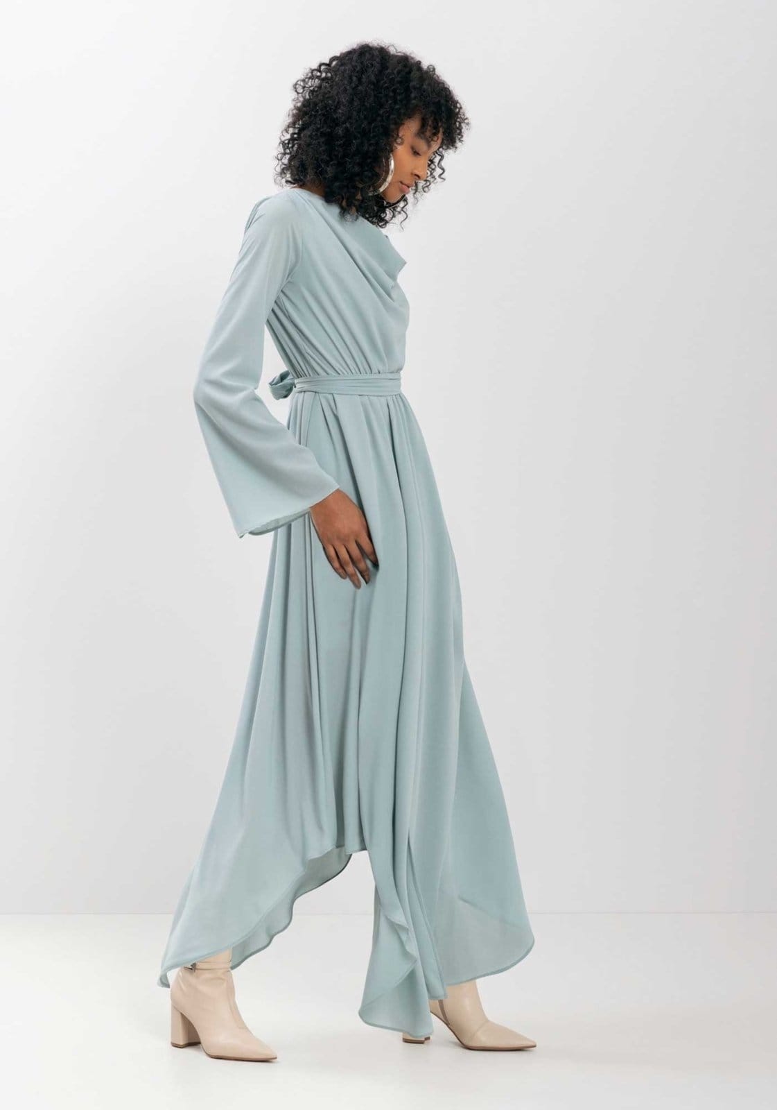 Vista 2 Vestido Longo De Mangas Com Gola Degagê Em Chiffon Lez a Lez cinza