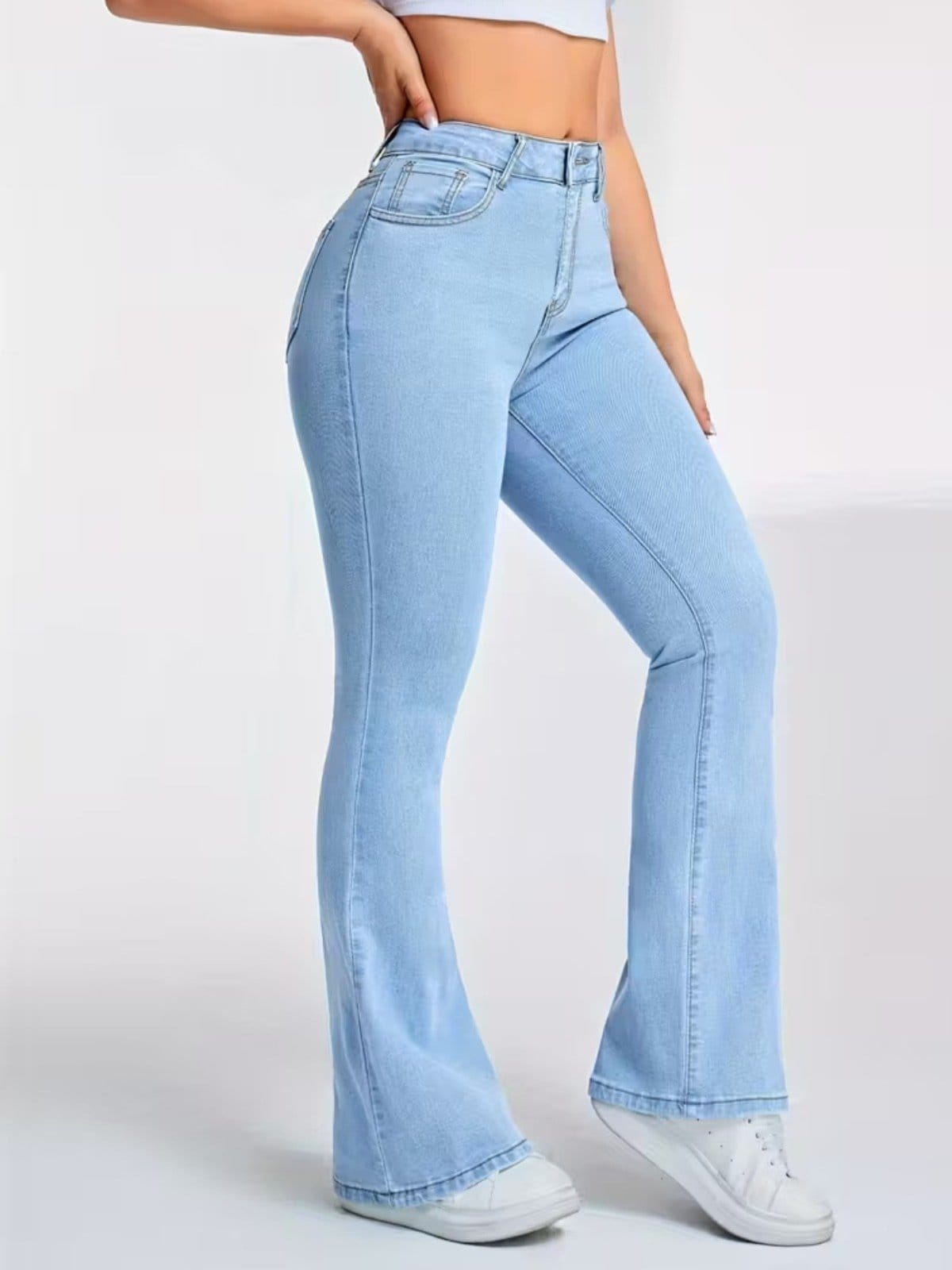 Vista principal Calça Flare Feminina Sk Jeans casual e confortável ideal dia a dia Delave TEX JEANS azul