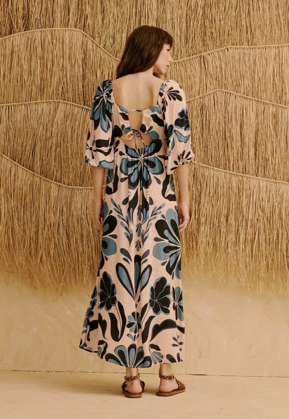 Vista 2 Vestido Midi com Manga Bufante Estampado Cantuta CaCay off-white