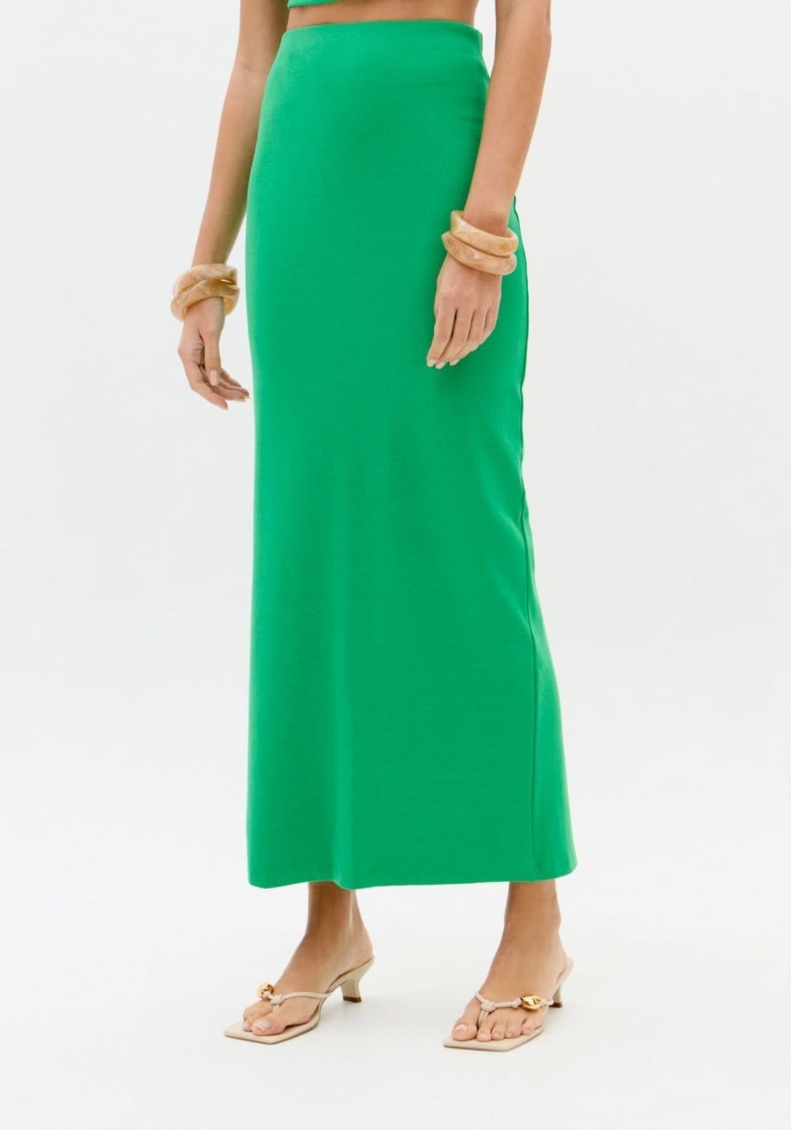 Vista 2 Saia Reta Cintura Alta Super Midi Lança Perfume verde