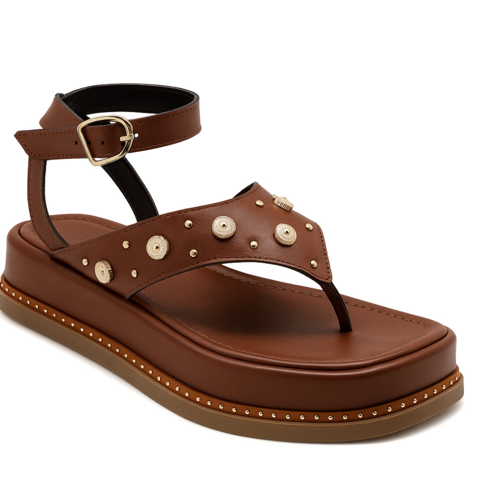 Sandália Feminina Flatform Dedo Papete Aplicação Tachas Cacau 23402