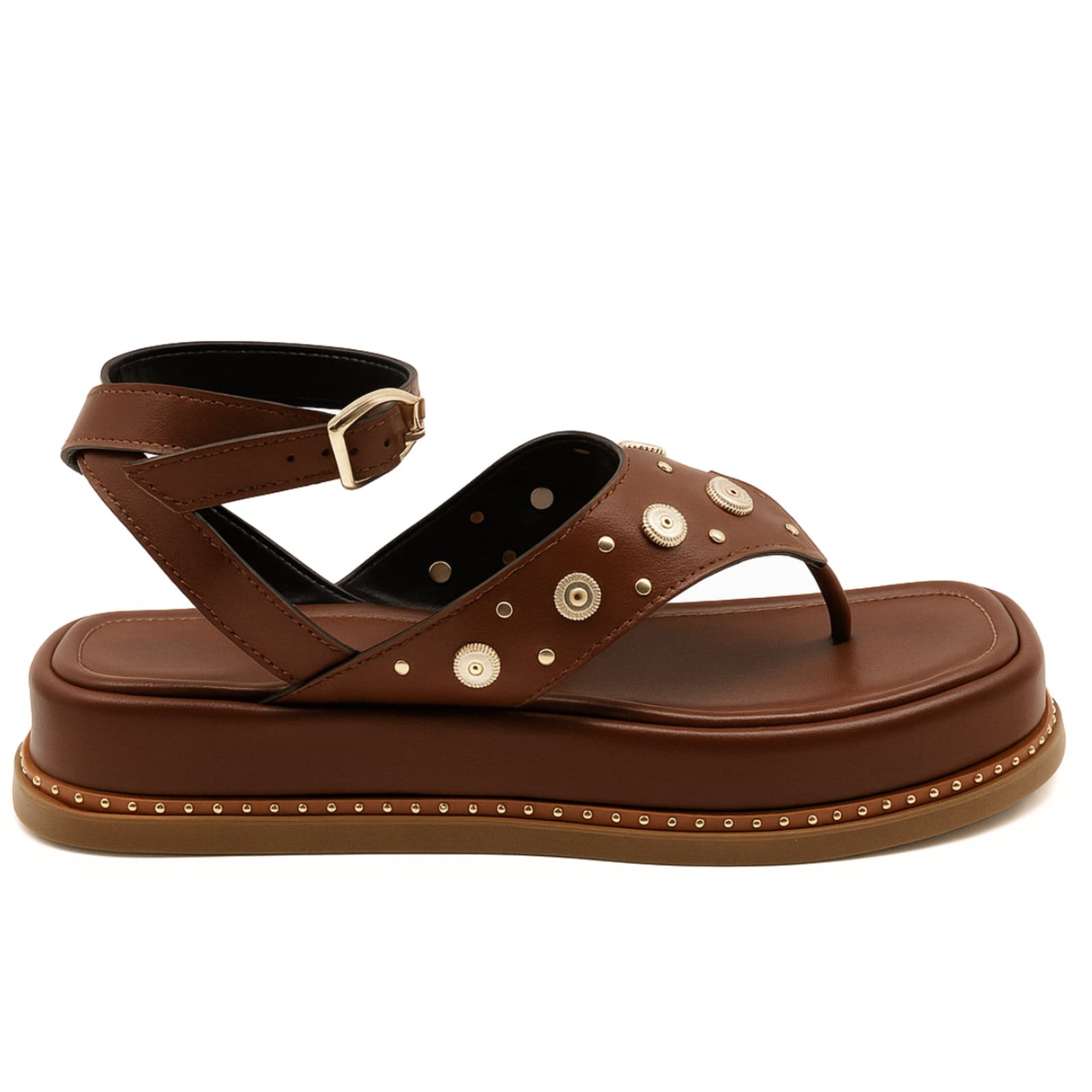 Vista 2 Sandália Feminina Flatform Dedo Papete Aplicação Tachas Cacau 23402 Hannah Footwear marrom