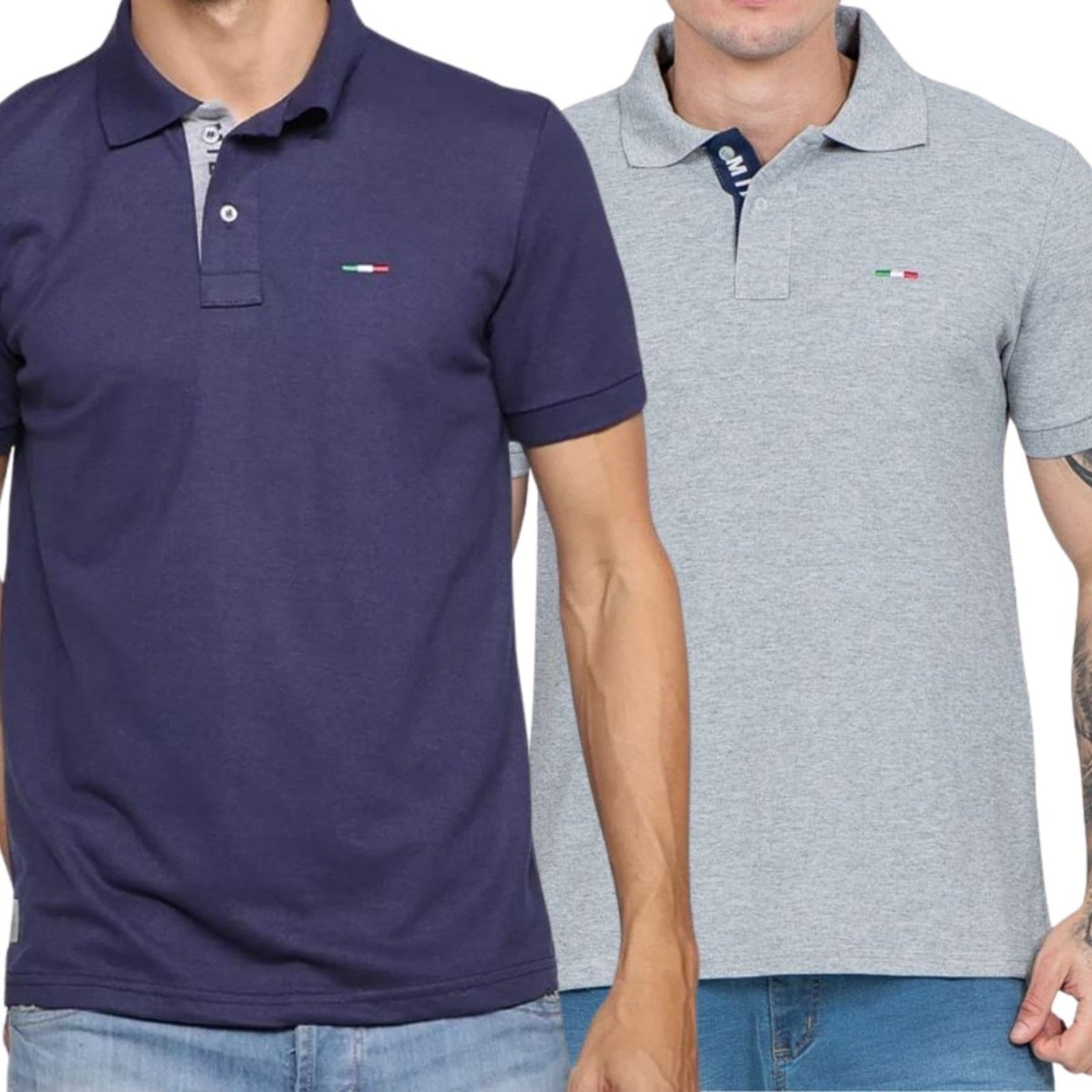 Vista principal Kit 2 Polos FMF Masculina Básicas Piquet no Estilo Tommy Bordado Itália Marinho Cinza FMF multicolorido