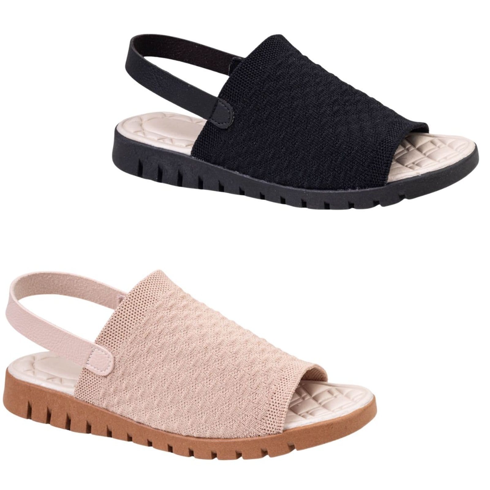 Vista principal Kit 2 Sandália Feminina Ortopédico Knit Calce Fácil Meia Elástico Massageadora leve Confortável Via Angel 7603 Preto e VIA ANGEL nude