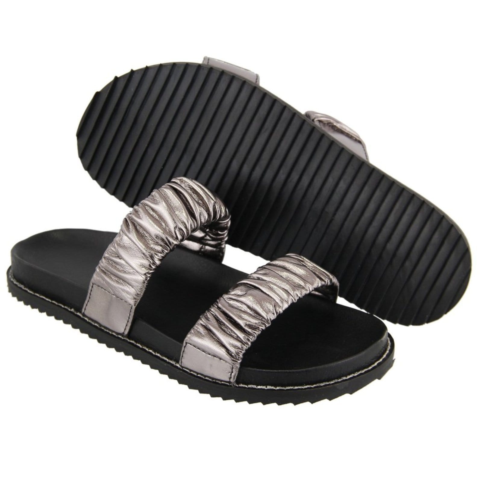 Vista 2 Papete Rasteira Feminina Paula B Com Tiras Enrugadas Palmilha Confort PAULA B prata velho