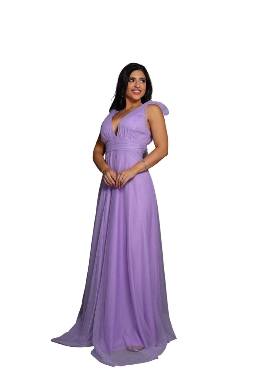 Vestido Longo de Festa Micro Tule com Brilho Madrinhas Decote em V Greice Lavanda Lilás - 2