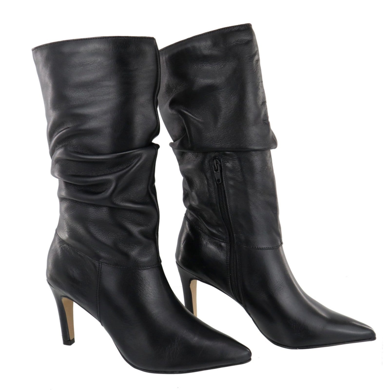 Bota Feminina Salto Fino Bico Fino Enrugada Slouchy Em Couro Maria Paula Preto