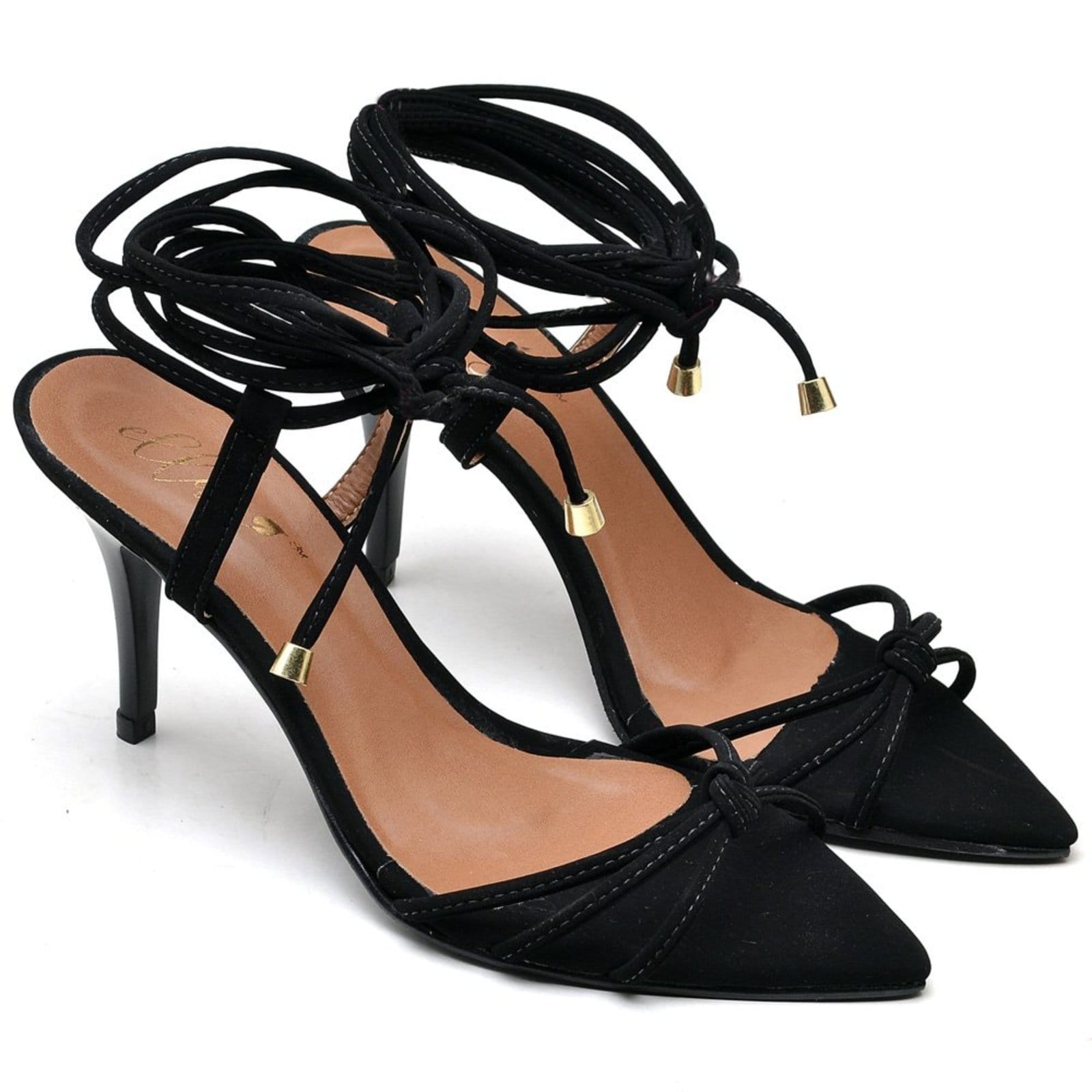 Vista principal Sandália Salto Médio em Couro Bico Folha Ella's ZAFREM preto