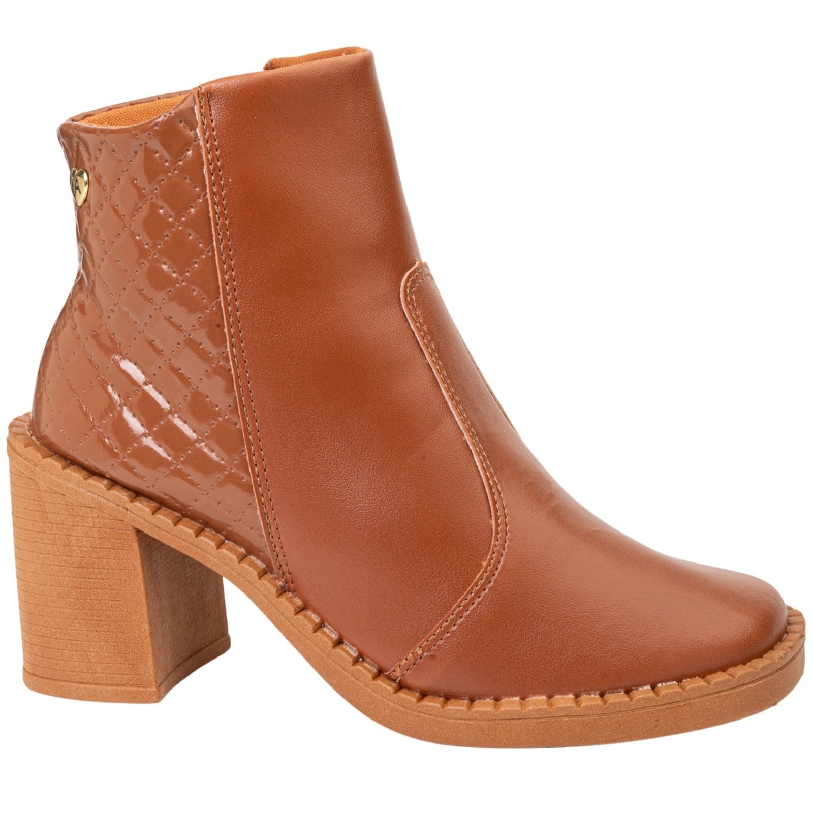Vista principal Bota Feminina Salto Grosso Ankle Boot Coturno Bico Quadrado Metalasse Confortável Via Angel 8001. VIA ANGEL caramelo