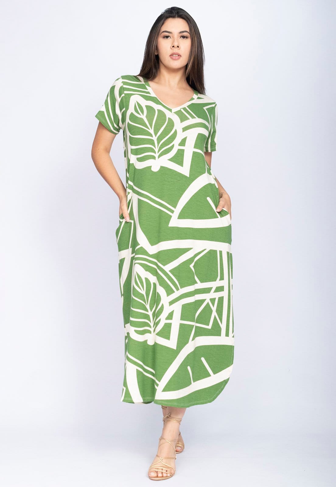 Vista principal Vestido CabanaFree Midi Abapã Malha com Bolso Estampa Lagoa Botânica Verde Cabanafree estampado/verde verde