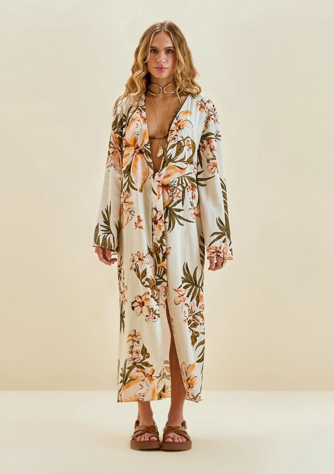 Vista 2 Vestido Morena Rosa Solto Decote V Manga Longa Midi Off Off-white Morena Rosa off-white rosa