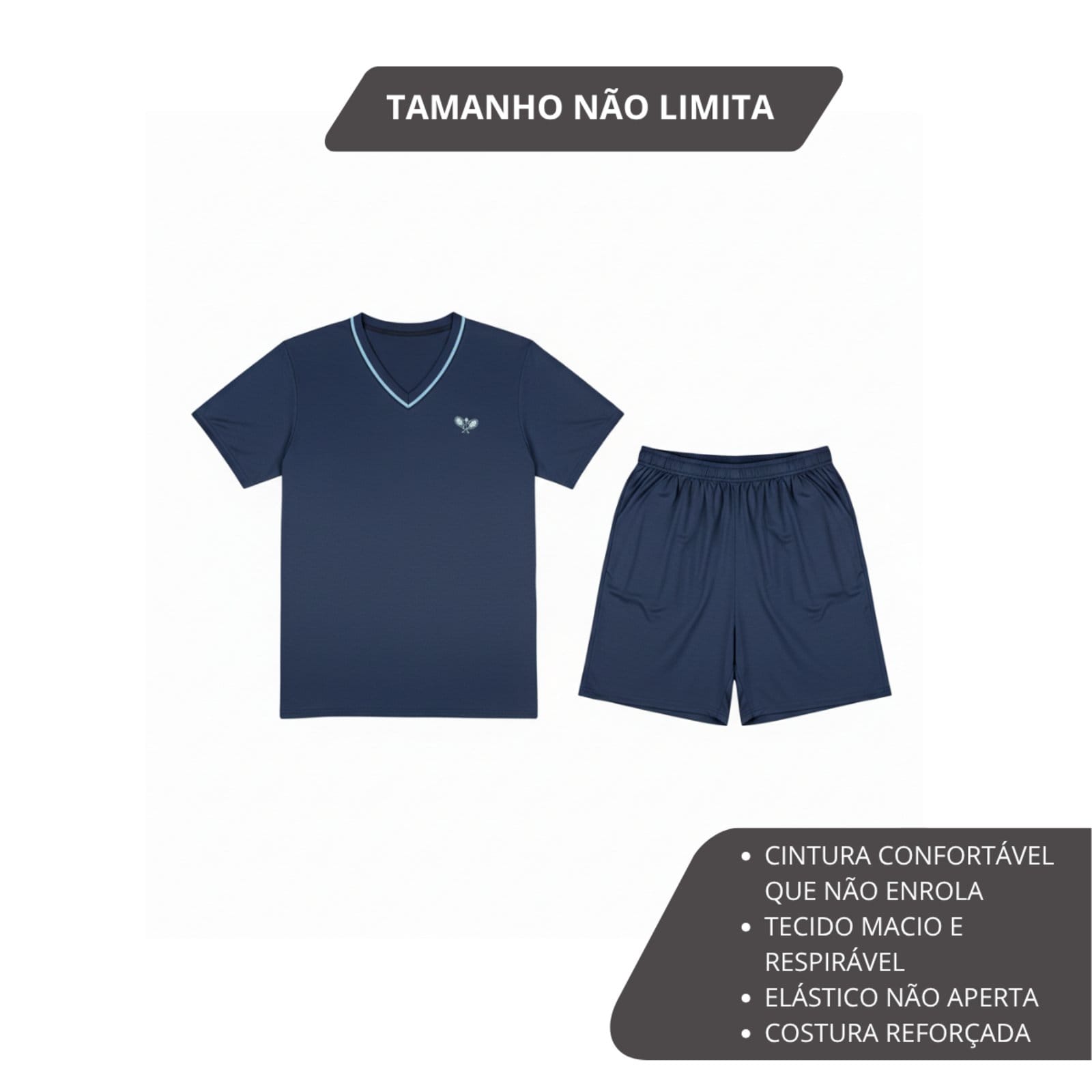 Pijama Masculino Plus Size Adulto Curto Verão Malha Fria Calor Manga Curta G1 G2 G3 G4 48 50 52 Conforto Gola V Homen Mechler Marinho - 2