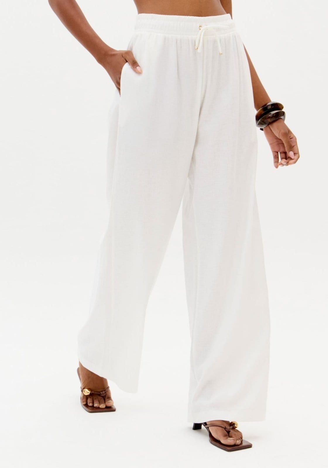 Vista 2 Calça Wide Leg Cós Elástico Com Linho Lança Perfume branco