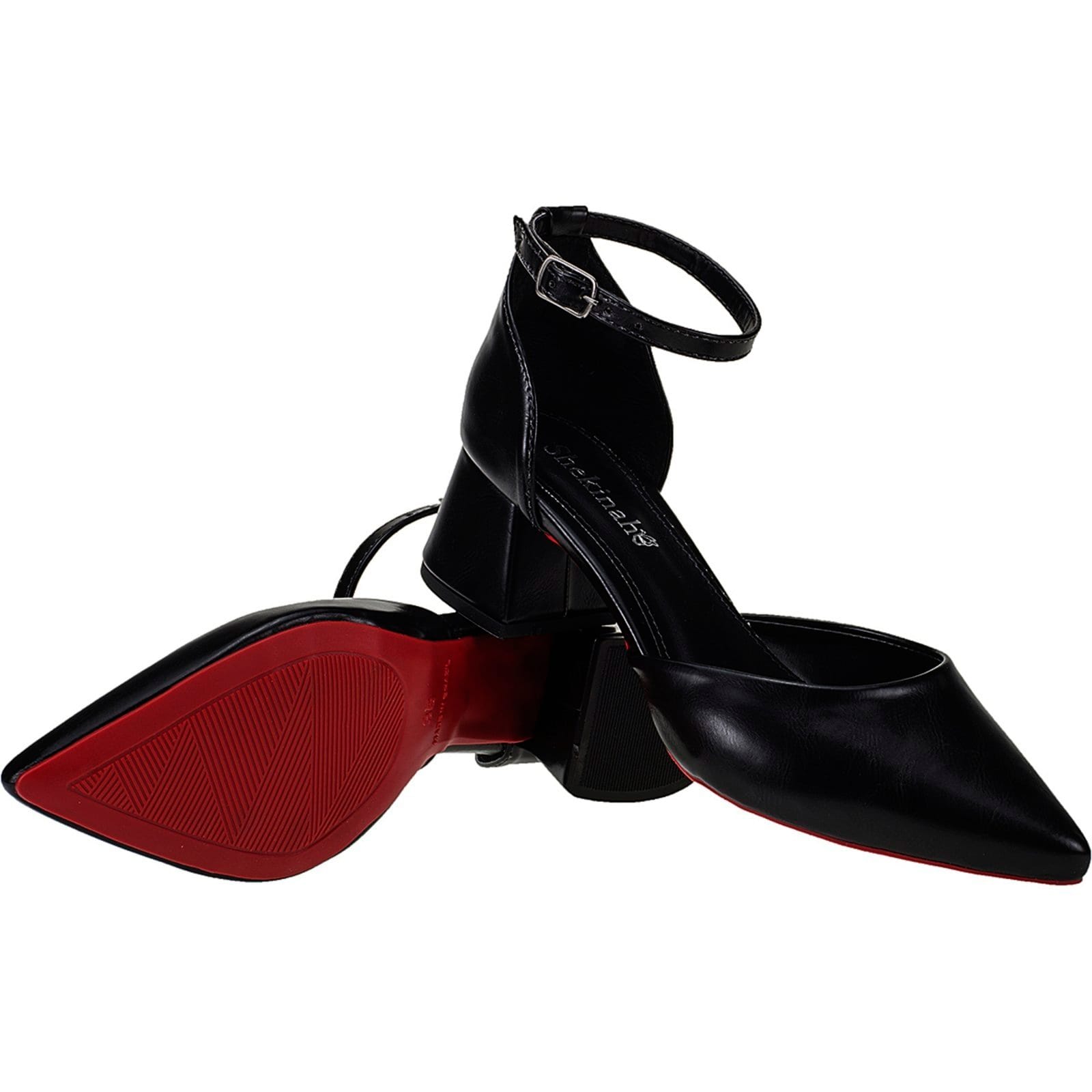 Scarpin Bico Fino Salto Bloco Saia e Blusa Salomé Shekinah Social Luxo Sola Vermelha Chic