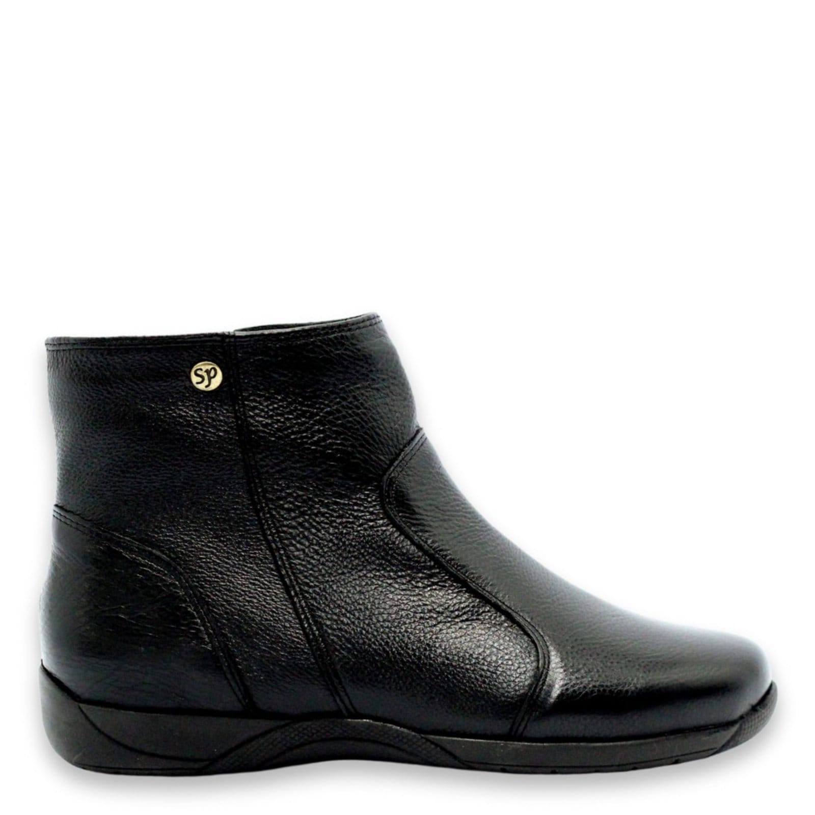 Vista principal Bota Feminina Bico Redondo Cano Curto Couro Sola Rasteira Spinelli preto