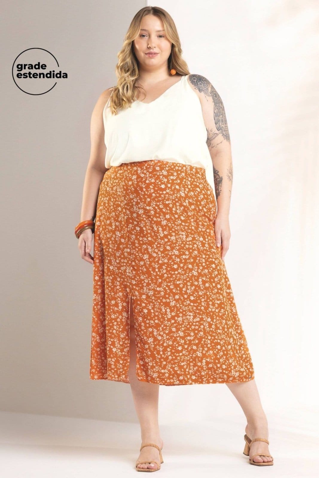 Vista principal Saia Feminina Floral Miudo Marialícia Marialícia laranja