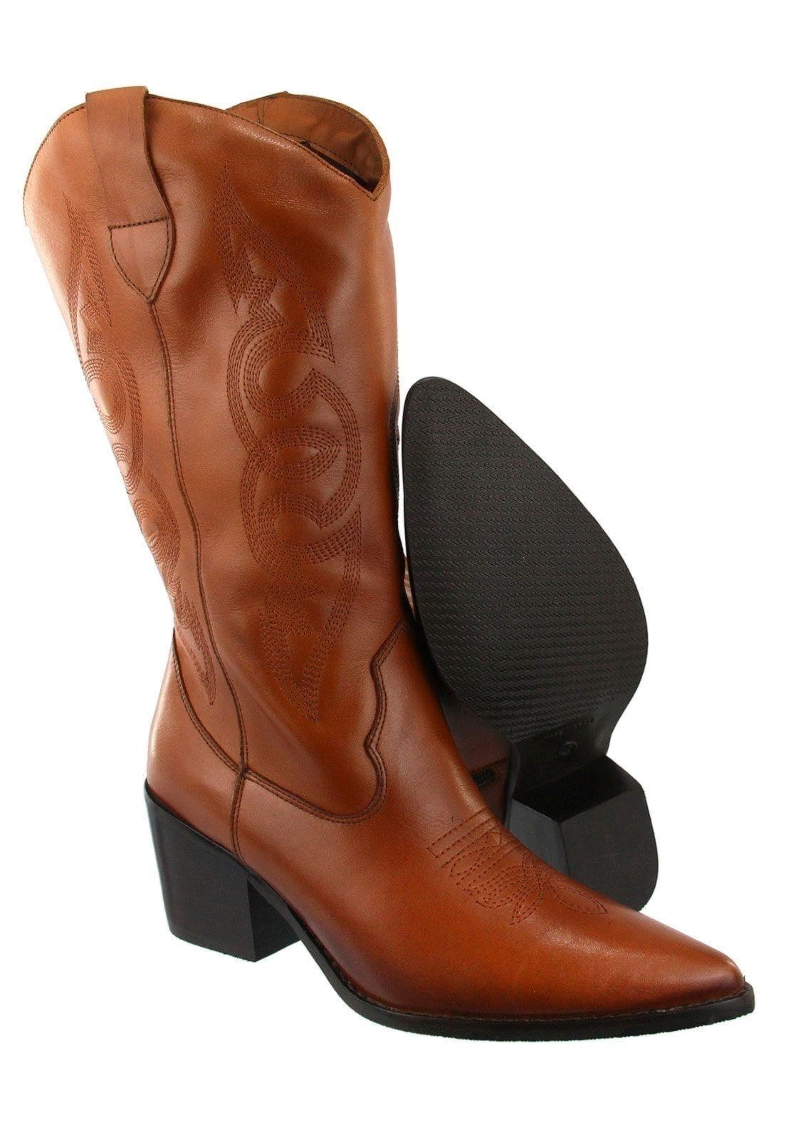 Bota Texana Western Country Em Couro Feminina Bico Fino Maria Paula Camel
