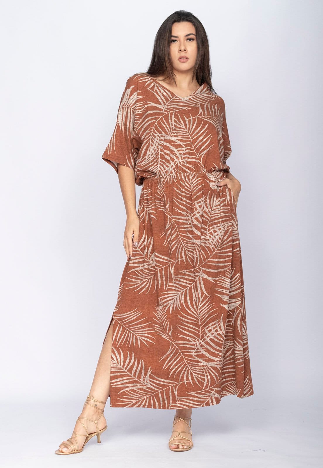 Vestido CabanaFree Longo Plus Malha Estampa Palmas da Terra