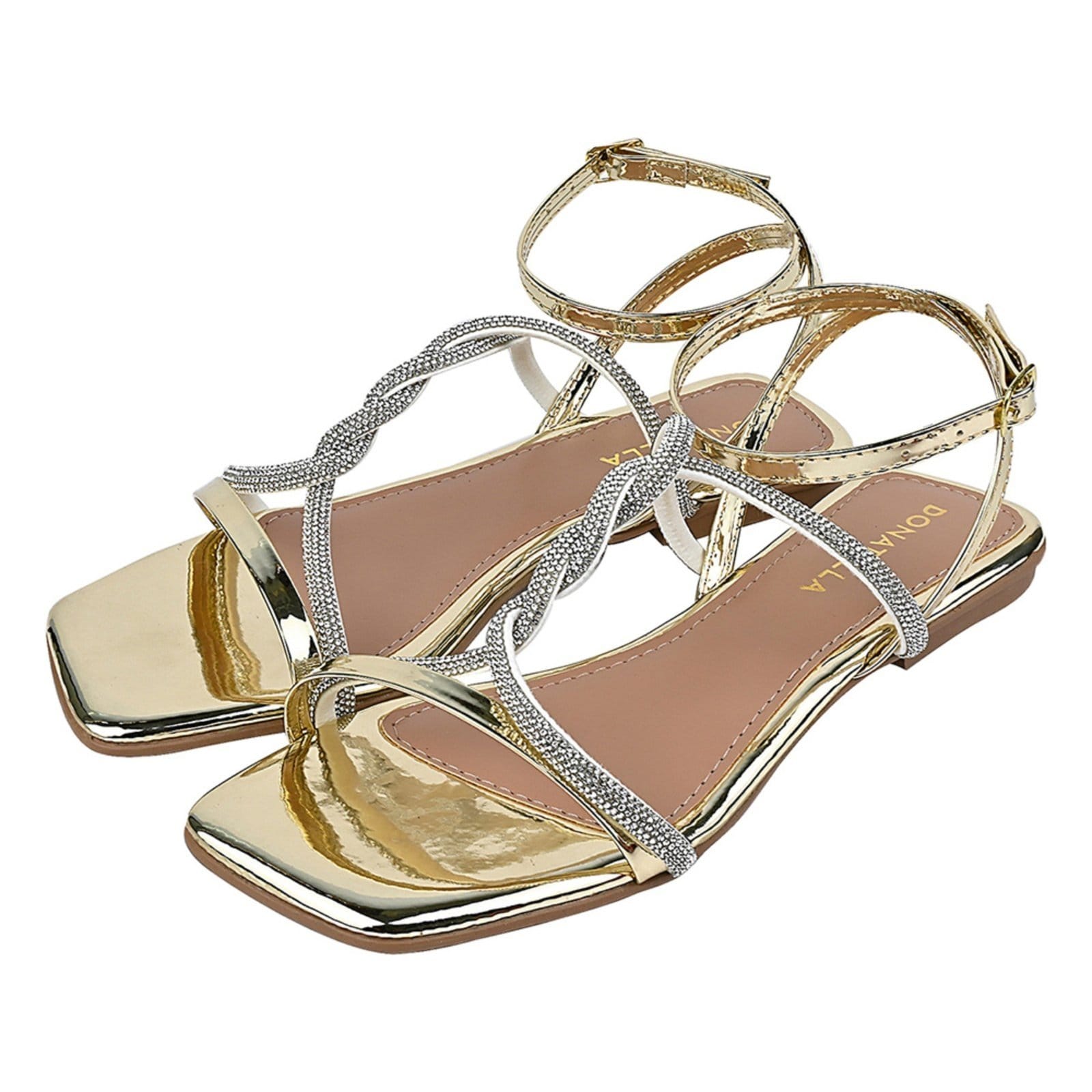 Vista principal Sandália Rasteira Feminina Donatella Bico Quadrado Brilho Strass Metalizado Trança Novo Ouro Light Monte Shoes dourado