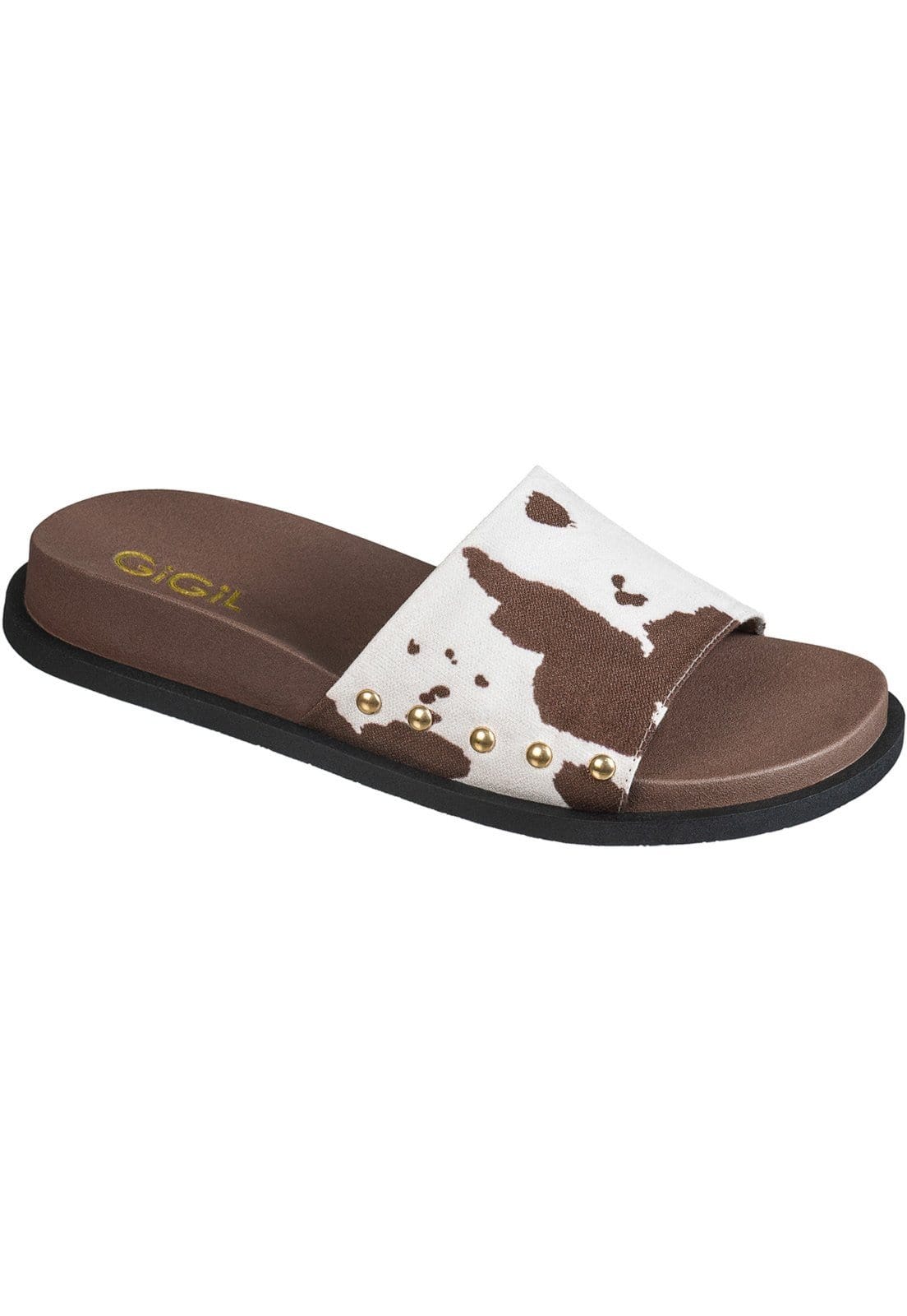 Vista 2 Sandália Feminina GiGiL Papete Rasteira Slide Vaquinha Moderno Confortável Tecido Estampa Vaca Gigil caramelo/estampado/marrom