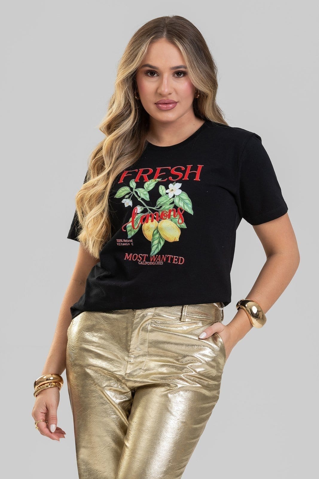 Vista 2 Camiseta Feminina Cianitas Preta Estampa Lemons Cianitas preto