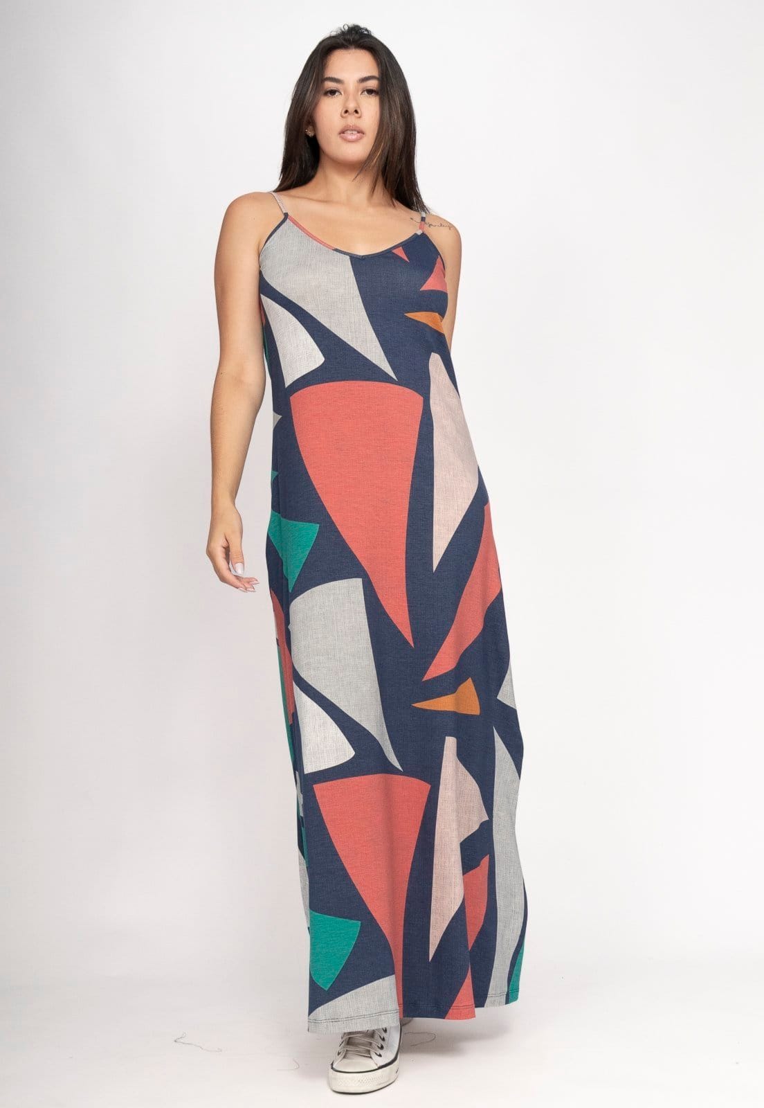 Vista 2 Vestido Amazonia Vital Guaíra Longo Malha Alça Fina Geometrias do Tempo Amazonia Vital estampado