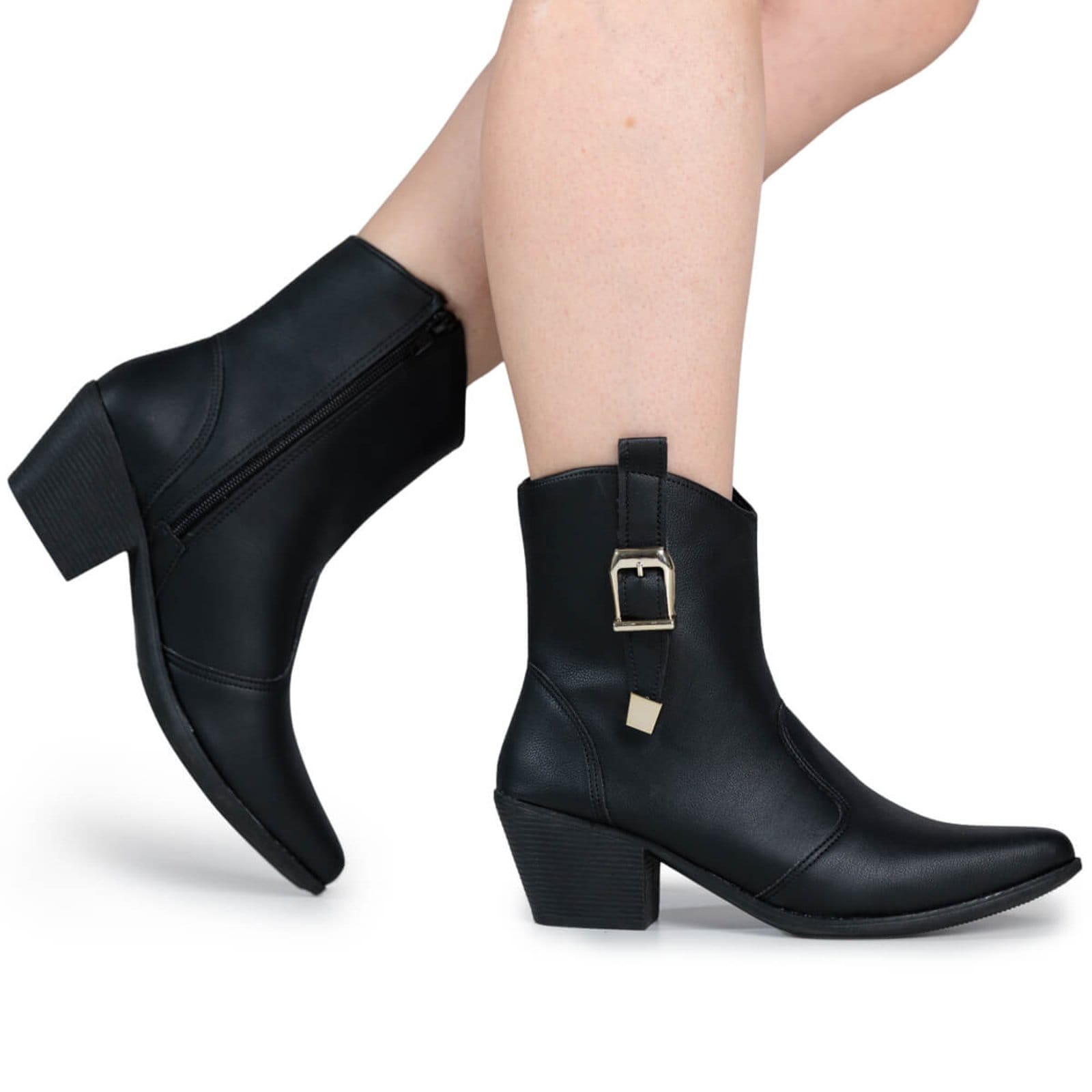 Vista principal Bota Texana Feminina Boiadeira Country Fivela Bico Fino Cano Curto Casual Via Angel 69.02 VIA ANGEL preto