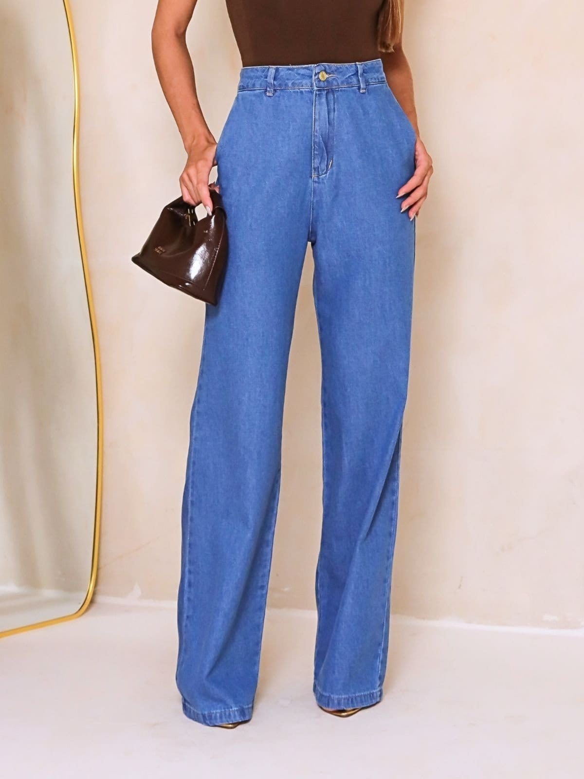 Calça Jeans Feminina Wide Leg Cintura Alta Azul