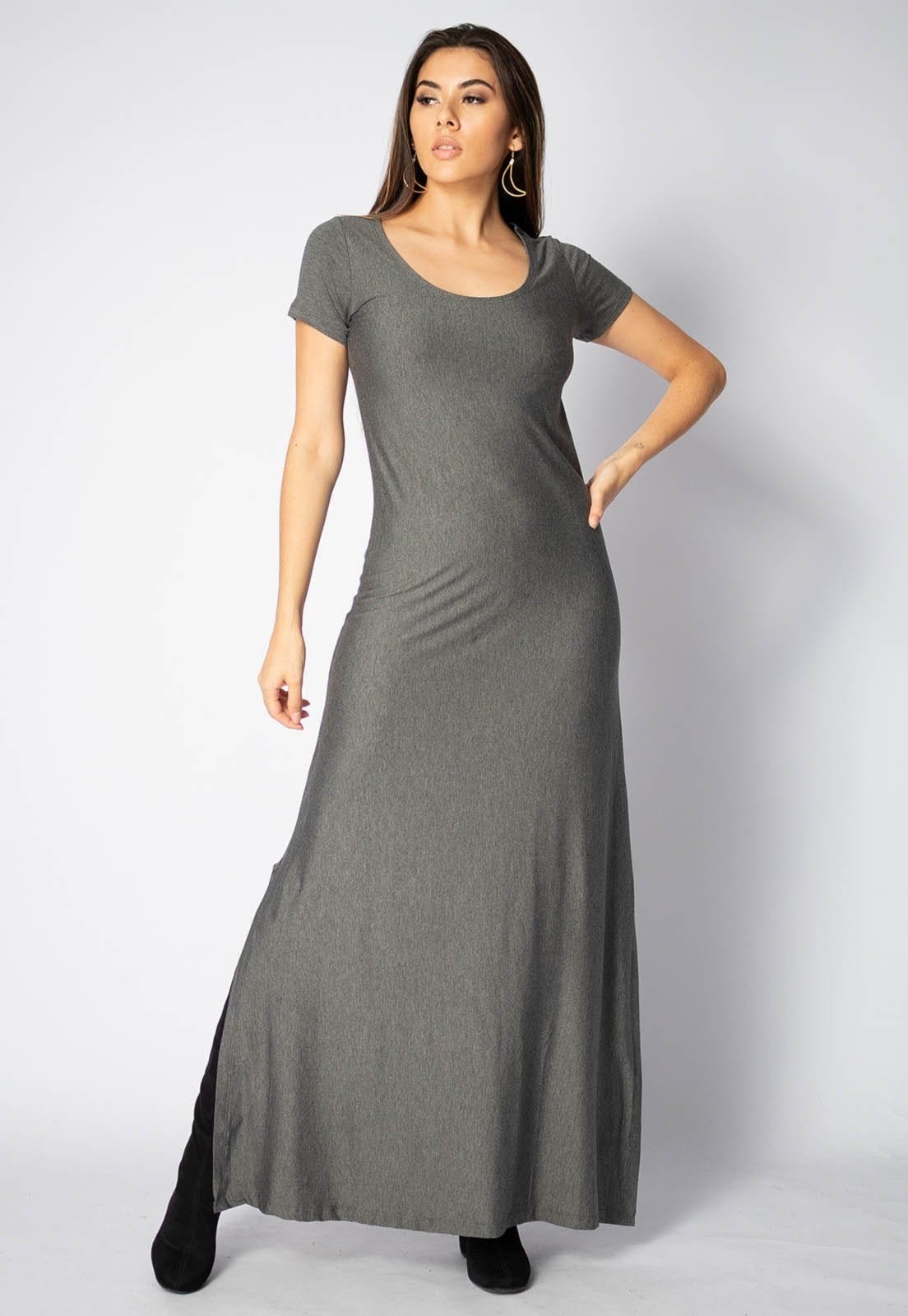 Vista 2 Vestido Longo Amazonia Vital Malha Manga Curta Gola Canoa Mescla Amazonia Vital cinza