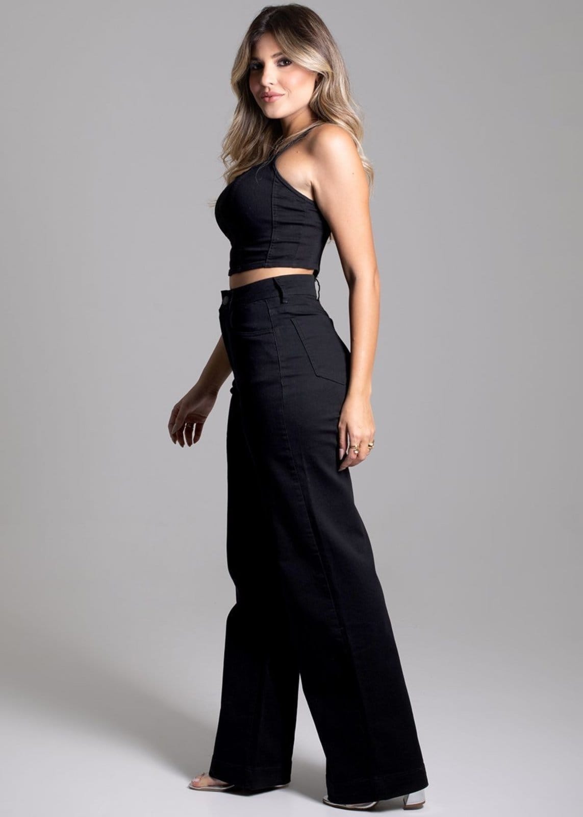 Vista 2 Calça Sarja Sawary Wide Leg - 275028 Sawary preto