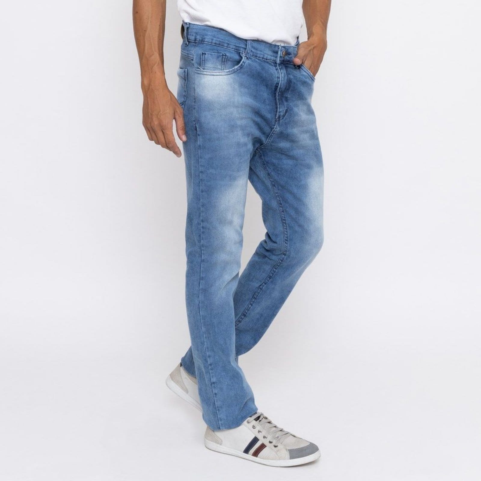 Vista 2 Calça Jeans Masculina Tradicional Lavagem Clara Manchada Premium Unak Huan Unak azul
