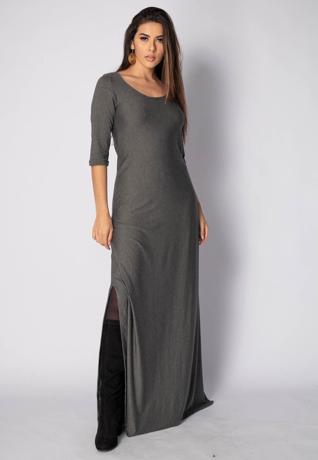 Vestido Longo Amazonia Vital Malha Manga 3/4 Gola Canoa Mescla